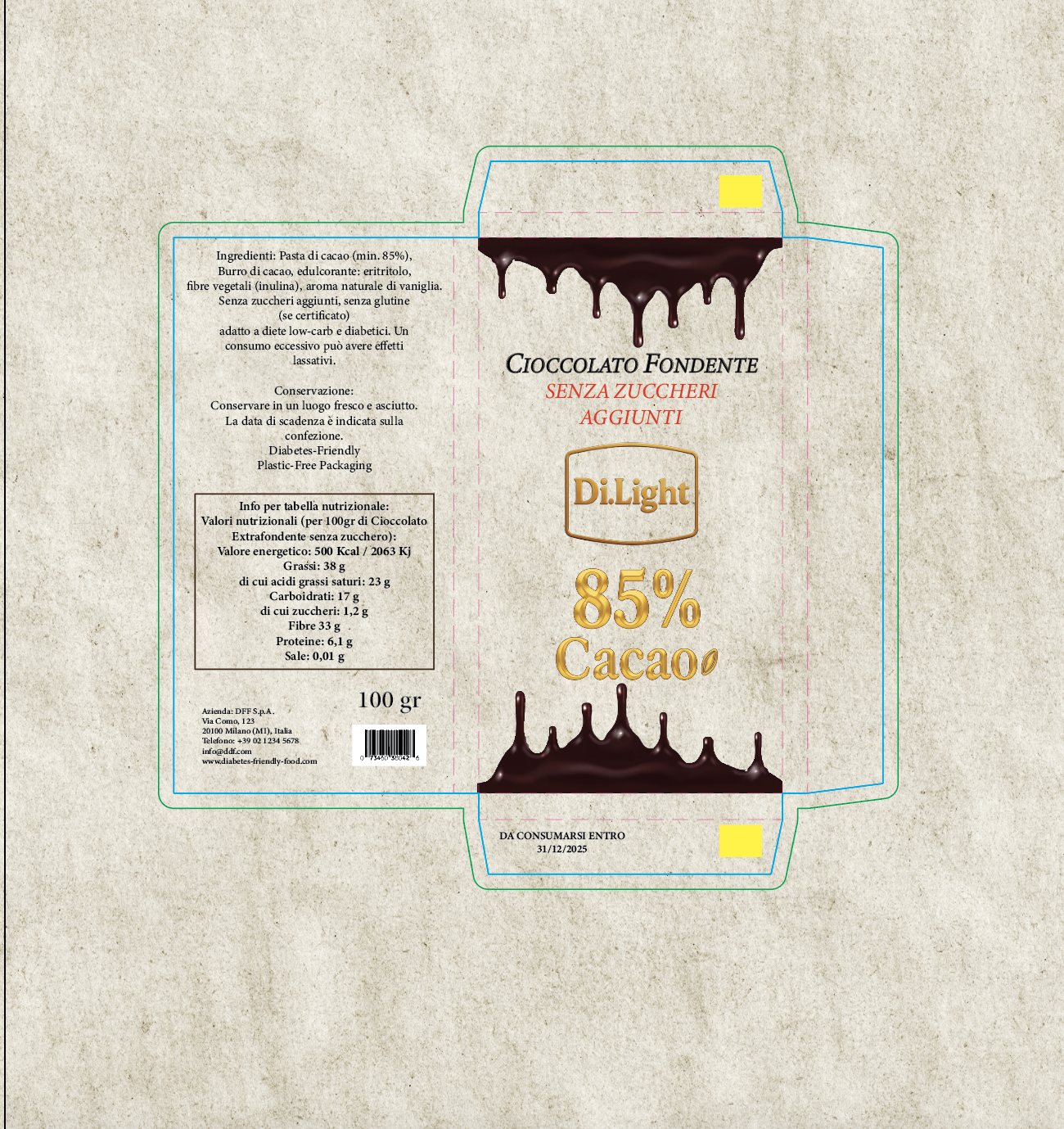 Fustella completa del packaging Di.Light con tabella nutrizionale