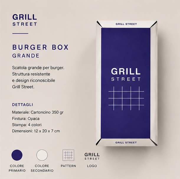 Burger box Grill Street con colori, pattern a griglia e logo