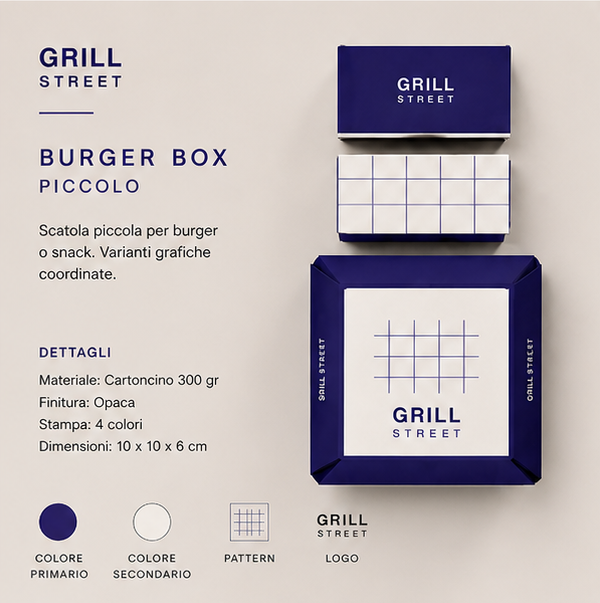 Grill Street — burger box piccolo, varianti grafiche coordinate