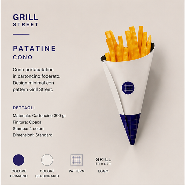 Grill Street — cono porta-patatine in cartoncino con pattern a griglia