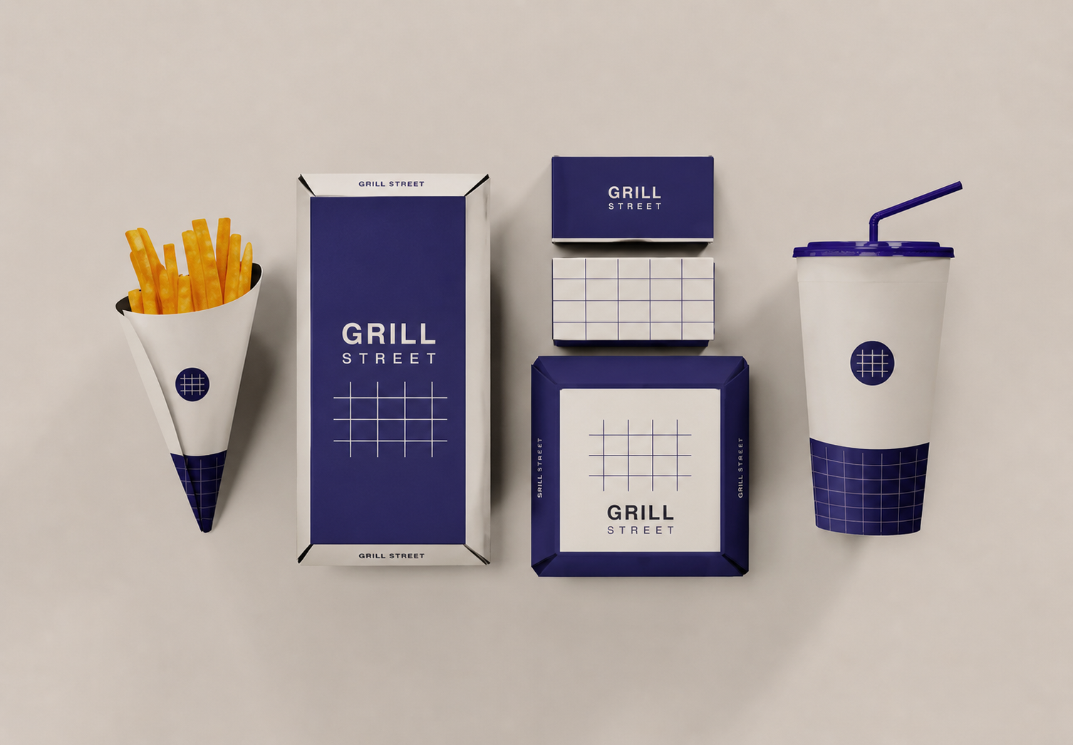 Packaging Grill Street in blu navy e crema