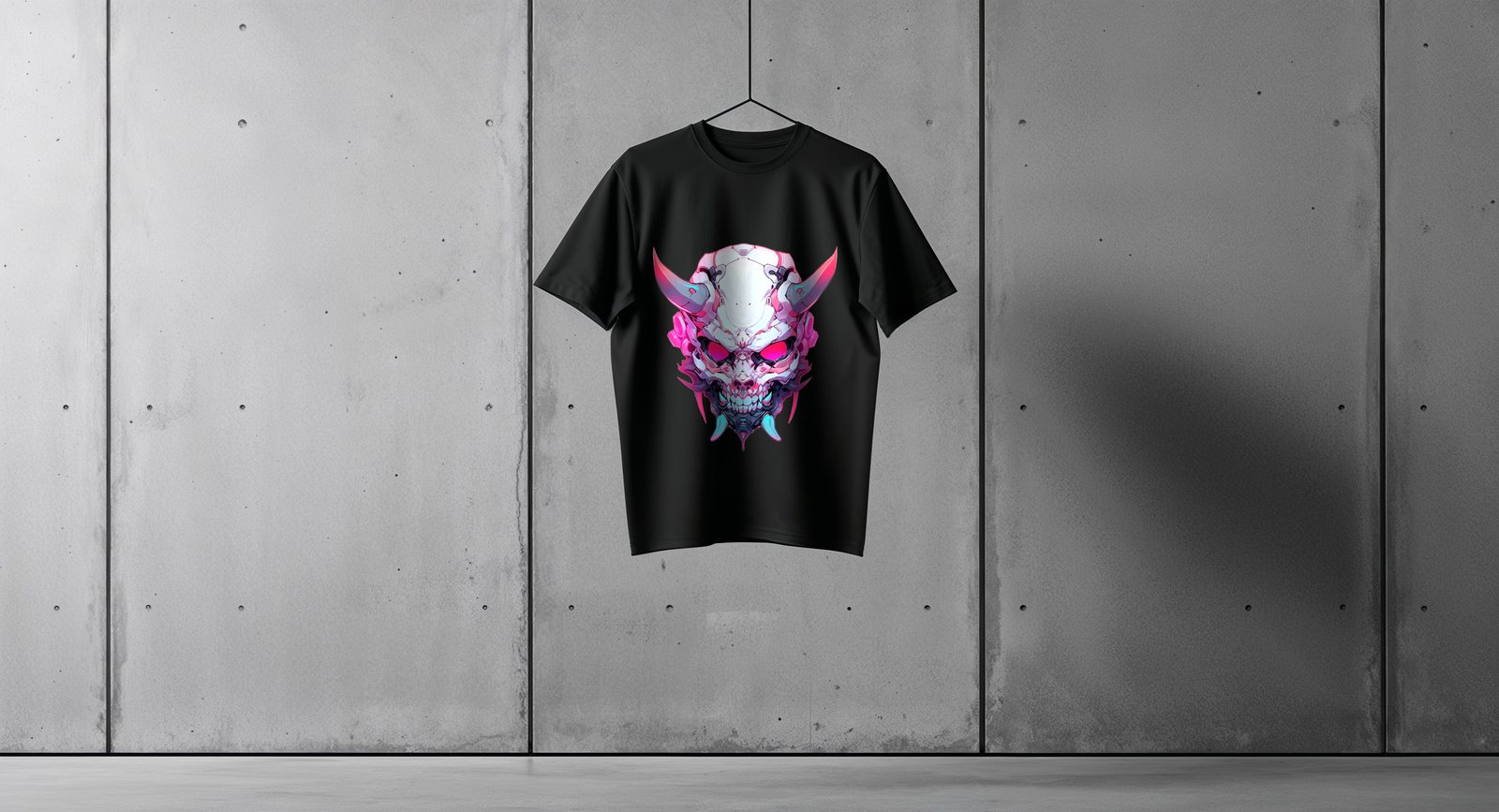 T-shirt nera con maschera oni neon rosa e ciano