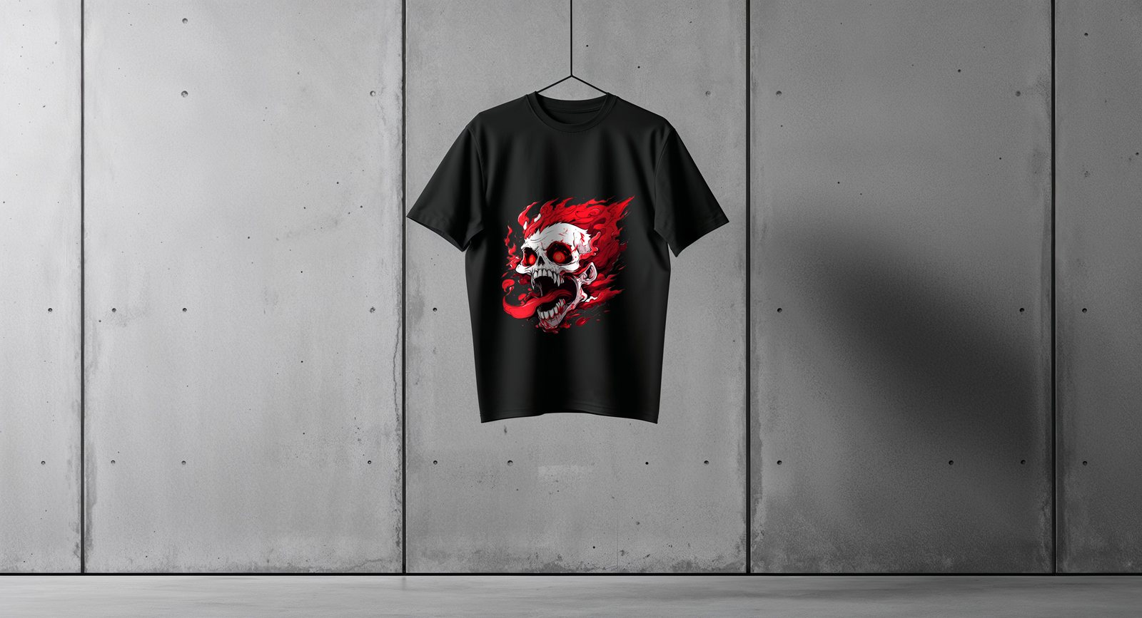 T-shirt nera con teschio in fiamme su muro di cemento